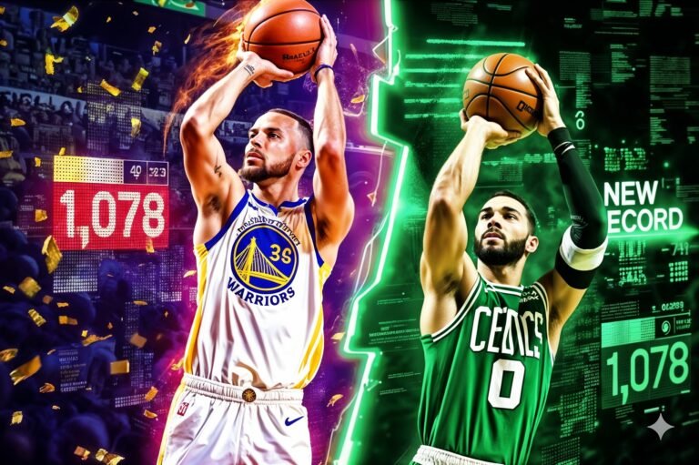 Split-screen art: Steph Curry (2016) vs. Jayson Tatum (2024) shooting threes, retro vs. futuristic styles, with shattered glass dividing the eras